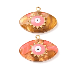 (932FM) Темно-синий аква-матовый с подкладкой 304 подвески из нержавеющей стали смолы, конский глаз с оберегом от сглаза, с эмалью, золотые, темно-золотистые, 23.5x32x7 мм, отверстие : 2 мм