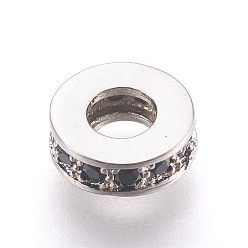 Платина Латунные микро проложить кубического циркония бусы, без свинца и без кадмия, плоско-круглые, чёрные, платина, 8x2.5 мм, отверстие : 3.5 мм
