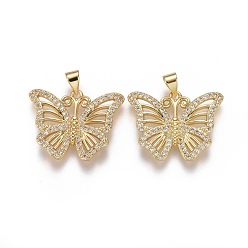 Real 18K Gold Plated Brass Micro Pave Cubic Zirconia Pendants, Butterfly, Clear, Real 18K Gold Plated, 19x25x2mm, Hole: 3.5x5mm