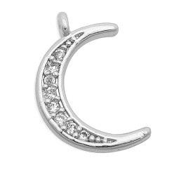 Platinum Brass Micro Pave Clear Cubic Zirconia Charms, Moon, Platinum, 14.5x9.5x2mm, Hole: 1mm, 3pcs/bag