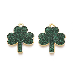 Зеленый Подвески ко Дню Святого Патрика из сплава эмали и блестящей пудры, клевер амулеты, золотые, зелёные, 24x20x1 мм, отверстие : 1.8 мм