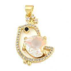 Clear Rack Plating Brass Micro Pave Clear Cubic Zirconia Pendants, with Glass, Long-Lasting Plated, Cadmium Free & Lead Free, Bird Charms, Clear, 24.5x17.5x6mm, Hole: 4x3.5mm
