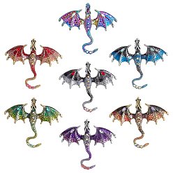 Couleur Mélangete 7 pièces 7 couleurs épingles en émail dragon, broche antique en strass en alliage d'argent, couleur mixte, 61~61.5x70.5~71x10.5mm, 1 pc / couleur