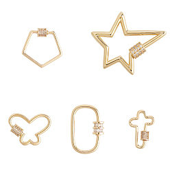 Golden Brass Micro Pave Clear Cubic Zirconia Screw Carabiner Lock Charms, for Necklaces Making, Mixed Shapes, Golden, 6.8x5.2x1.1cm, 1pc/shape, 5pcs/box
