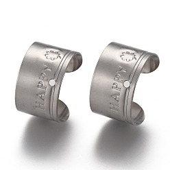 Couleur Acier Inoxydable 304 Boucles d'oreilles manchette en acier inoxydable, avec fleur et mot heureux, avec le trou, couleur inox, 11x10x7mm, Trou: 0.9mm