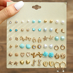 Голубой 30пары комплектов серег-гвоздиков из сплава и пластика с имитацией жемчуга и страз, золотые, голубой, 108x115 мм