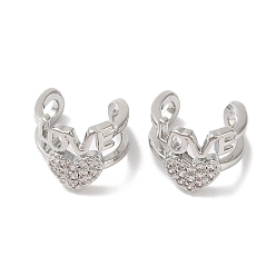 Platinum Heart & Word Love Brass Micro Pave Cubic Zirconia Cuff Earrings for Women, Platinum, 11x10mm
