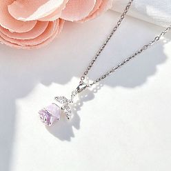 Lilac Brass Pave Clear Cubic Zirconia Enamel Rose Flower Pendant 304 Stainless Steel Cable Chain Necklaces for Women, Platinum, Lilac, 15.75 inch(40cm)