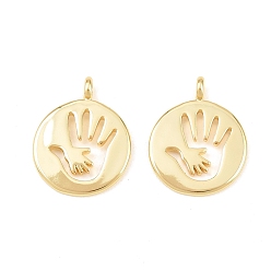 Настоящее золото 18K Латунные подвески, плоские круглые и ладонные подвески, долговечный, стойки покрытие, без свинца и без кадмия, реальный 18 k позолоченный, 22x18x4 мм, отверстие : 2.5 мм