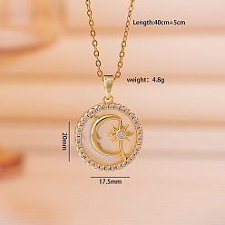 Луна Подвеска из латуни с микропаве из прозрачных кубических цирконий и натуральным белым перламутровым камнем 304 цепочка из нержавеющей стали для женщин, реальный 18 k позолоченный, луна, 15.75 дюйм (40 см), Кулон : 20x17.5 мм