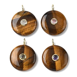 Тигровый глаз Природных тигровый глаз подвески, плоские круглые подвески с латунной микропаве из кубических цирконий случайных цветов, золотые, 31~31.5x25x7 мм, отверстие : 2x3 мм