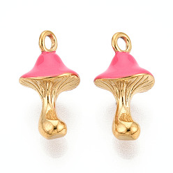 Ярко-Розовый 304 подвески из нержавеющей стали, с эмалью, реальный 14 k позолоченный, грибное очарование, ионное покрытие (ip), ярко-розовый, 18x9.5x9.5 мм, отверстие : 1.8~2 мм