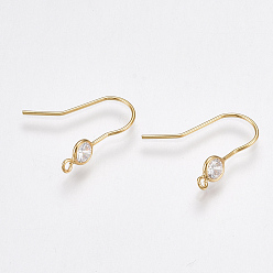 Real 18K Gold Plated Brass Earring Hooks, with Cubic Zirconia and Vertical Loop, Nickel Free, Real 18K Gold Plated, 18x4.5mm, Hole: 1mm, 20 Gauge, Pin: 0.8mm
