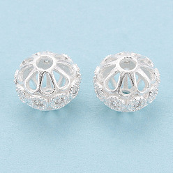 Серебро 925 полые бусины из стерлингового серебра с микропаве из прозрачного кубического циркония, рондель, серебряные, 10.5x9 мм, отверстие : 2 мм