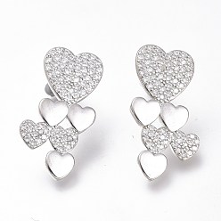 Platinum Brass Micro Pave Clear Cubic Zirconia Heart Stud Earrings, with Plastic Ear Nuts, Long-Lasting Plated, Platinum, 26x14mm, Pin: 1mm