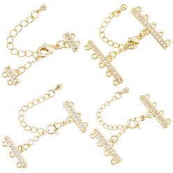 Golden 4Pcs 4 Styles Brass Micro Pave Clear Cubic Zirconia Ends with Chains, with Lobster Claw Clasps & Twisted Chain Extension, Golden, 30~50x10mm, 1pc/style 