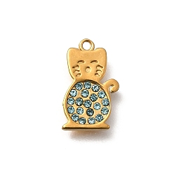 Синий 304 подвески из нержавеющей стали, с кубического циркония, подвески в форме кошки, ионное покрытие (ip), золотые, синие, 14x8x2 мм, отверстие : 1 мм