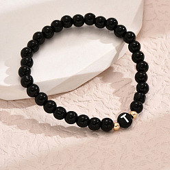 Letter T Браслеты из литой смолы с круглыми бусинами, плоские круглые с буквы, чёрные, золотые, Письмо T, 7-1/8 дюйм (18 см)