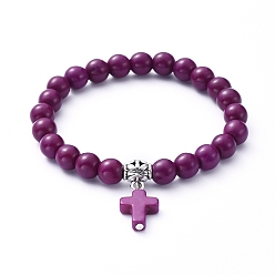 Purple Stretch Charm Bracelets, with Synthetic Turquoise(Dyed) Beads, Tibetan Style Alloy Tube Bails, Cross, Purple, Inner Diameter: 2-1/8 inch(5.4cm)