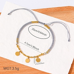 Disc Bracelet bohème ajustable avec breloque en acier inoxydable et cordon en coton tressé, or, gris clair, disque, 304 pouce (9.84 cm)