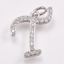 Letter T Brass Micro Pave Cubic Zirconia Letter Pendants, Cadmium Free & Lead Free, Platinum, Letter.T, 13x16x2mm, Hole: 3mm