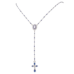 Нержавеющая Сталь Цвет 304 шарик ожерелья из нержавеющей стали четки, ожерелья с подвеской из сплава эмали синего цвета с крестом Девы Марии, цвет нержавеющей стали, 24.53 дюйм (62.3 см)
