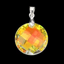 Прозрачный Цвет AB покрытием стеклянные подвески, плоские круглые прелести, с серебряными латунными скобами для ледоруба, граненые, прозрачные, 24x18x8 мм, отверстие : 5x4 мм