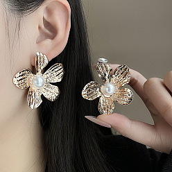 Цветок Серьги-гвоздики с имитацией жемчуга из железа, золотые, цветок, 41.7x41.7 мм