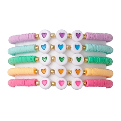 Mixed Color Heart Polymer Clay & Acrylic Beaded Stretch Bracelets, Mixed Color, Inner Diameter: 1-7/8~2-1/8 inch(4.8~5.3cm)