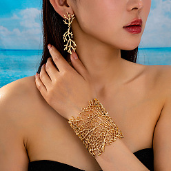 Золотой Комплекты из браслетов-манжет и серег-гвоздиков из сплава для женщин, филиал, золотые, внутренний диаметр: 60 мм