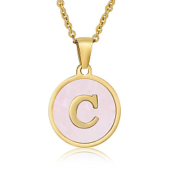 Letter C Natural Shell Initial Letter Pendant Necklace, with Golden Stainless Steel Cable Chains, Letter C, 17.72 inch(45cm)