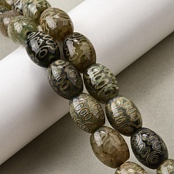 21-Eye Тибетского стиля DZI бисер нитей, природных бисера агат, окрашенная и подогревом, рис, темно-оливковый зеленый, 21 -eye, 16x12 мм, отверстие : 1.8 мм, около 20 шт / нитка, 12.60'' (32 см)