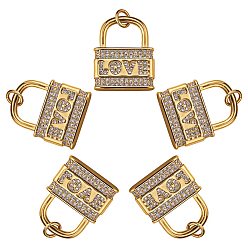 Real 18K Gold Plated 5Pcs Brass Micro Pave Clear Cubic Zirconia Pendants, Long-Lasting Plated, Lock with Word Love, Real 18K Gold Plated, 20x16x3.5mm, Hole: 3.4mm
