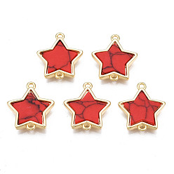 Red Brass Connector Charms, with Synthetic Turquoise, Cadmium Free & Nickel Free & Lead Free, Real 18K Gold Plated, Star, Red, 17x15.5x3mm, Hole: 1.2mm
