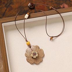 Flower Coconut Shell & Wood Flower Oval Flat Round Pendant Necklaces for Women, Camel, Flower, 31.50 inch(80cm), Pendant: 70x50mm