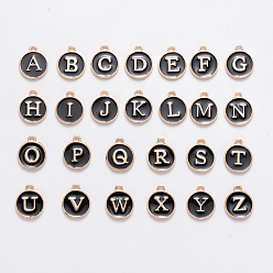 Black Initial Letter A~Z Alphabet Enamel Charms, Flat Round Disc Double Sided Charms, Golden Plated Enamelled Sequins Alloy Charms, Black, 14x12x2mm, Hole: 1.5mm, 26pcs/set