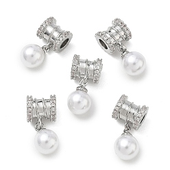 Platinum SHEGRACE Brass Micro Pave Cubic Zirconia Tube Beads, with ABS Imitation Pearl, Cadmium Free & Lead Free & Nickel Free, Platinum, 18x12x7.5mm, Hole: 3.5mm