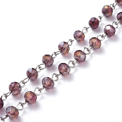 Фиолетовый Ручной работы гальваническим стеклом бисером цепи, с платиновым покрытием, несварные, фиолетовые, 39.37 дюйм (100 см), бусины : 6x4.5 мм