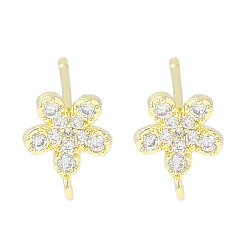 Настоящее золото 14K Фурнитура для серег-гвоздиков из латуни с паве из прозрачного кубического циркония, без кадмия, без никеля и без свинца, с петлей, цветок, реальный 14 k позолоченный, 9x7.5 мм, отверстие : 1.2 мм, штифты : 0.5 мм