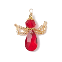 Малиновый Стеклянные подвески, ангельские прелести, с латунной бусиной, стеклянным бисером и круглой петлей из экологически чистой медной проволоки, граненые, малиновый, 31~32x22~25x8 мм, отверстие : 1.8 мм