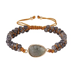 Labradorite Natural Labradorite Teardrop Link Braided Bead Bracelet, Double Line Gemstone Adjustable Bracelet for Women, Inner Diameter: 2-1/8~3-3/8 inch(5.4~8.6cm)