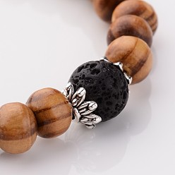 Black Wood Stretch Bracelets, with Natural Lava Rock Beads and Metal Findings, Black, 55mm