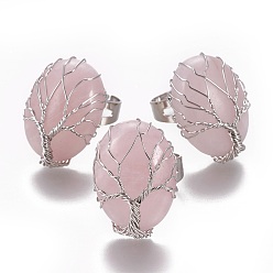 Розовый Кварц Регулируемые естественно розового кварца кольца перста, с латунной фурнитурой платинового цвета, овальные, Размер 8, 18 мм