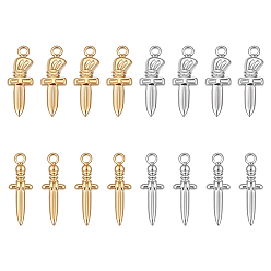 Real Gold Plated & Stainless Steel Color 16Pcs 4 Styles 304 Stainless Steel Pendants, Sword & Dagger, Real Gold Plated & Stainless Steel Color, 18~18.5x6~6.5x2.5mm, Hole: 1.6mm, 4pcs/style