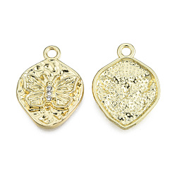 Light Gold Rack Plating Alloy Pendants, with Crystal Rhinestone, Twist Oval with Butterfly, Cadmium Free & Nickel Free & Lead Free, Light Gold, 24x18x3.5mm, Hole: 2mm
