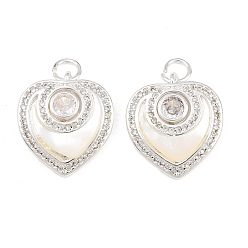 Silver Brass Micro Pave Clear Cubic Zirconia Pendants, Heart Charm, with Natural Shell & Brass Jump Ring, Silver, 17.5x16x4mm, Hole: 3.5mm