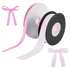 Pink 2 Rolls 2 Styles Polyester Ribbon, Tartan Pattern, for Gift Packaging, Pink, 3/8~1 inch(11~26mm)
