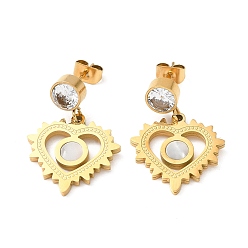 Golden Ion Plating(IP) 304 Stainless Steel Hollow Heart Dangle Stud Earrings, Clear Cubic Zirconia & Natural Shell Drop Earrings, Golden, 25x17mm