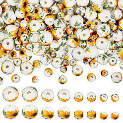 Белый 200шт 4 стили фарфоровые бусины ручной работы, круглый с рисунком подсолнуха, белые, 6~12 мм, отверстие : 1.6~2 мм, 50 шт / стиль