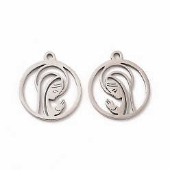Нержавеющая Сталь Цвет Не тускнеющие 201 подвески из нержавеющей стали, плоский круглый с подвесками Девы Марии, цвет нержавеющей стали, 17x14.5x1 мм, отверстие : 1 мм